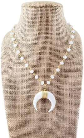 White Gold Crescent Horn Pendant Choker Necklace Rosary Beads Chain
