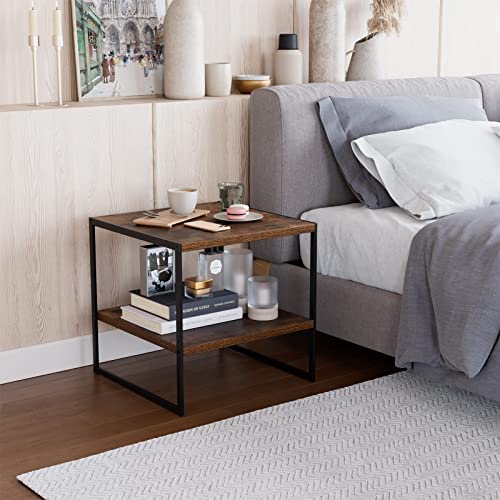2-Tier End Table, 20 Inch Square Side Table Industrial Sofa Table With Metal Frame Bedside Storage Stand For Living Room, Bed Room Easy Assembly - Rustic Brown #TOP1