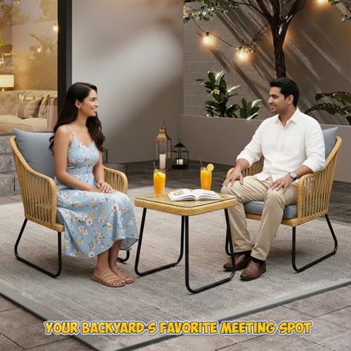 Image of DEVOKO 3-Piece Patio Furniture Set Handwoven Wicker Chairs with Waterproof Cushions,Glass Top Coffee Table Perfect Porch Bistro Set for Backyard, Garden, and Deck