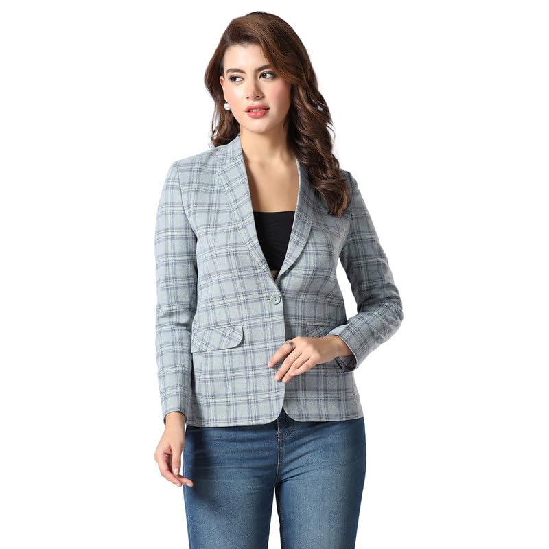 Womens Check Notched Lapel Blazer - Regular Fit Wool Fabric - Blazers for Women Formal/Casual - 2 Pockets, Full Sleeve, Stylish Single Breasted Blazer for Business Meetings-image-9