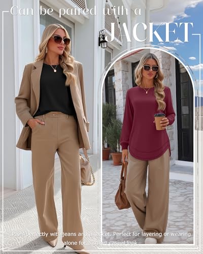 Ficerd 3 Pack Women's Long Sleeve Shirts, Cotton Crew Neck Tunic Tops Casual Loose Fit Pullover Sweatshirts Curved Hem Shirts3