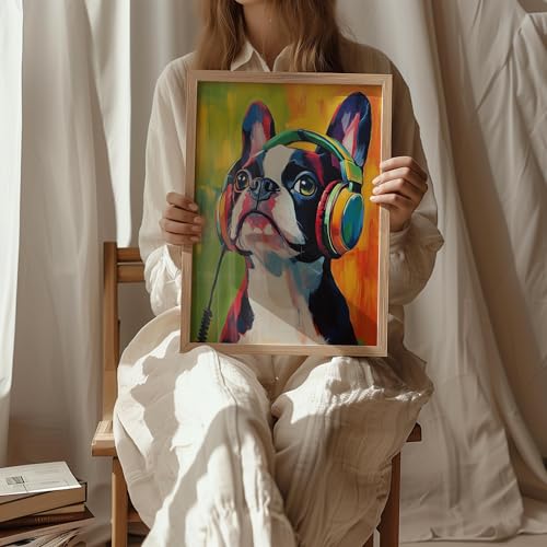 Image of Boston Terrier Music Headphone Wall Art Print Poster, Dog Pet Lover Picture Painting Artwork Bedroom Living Room Office Dining Room 150D (Boston Terrier Music Headphone, 11 inchW x 14 inchL, Wood Frame)