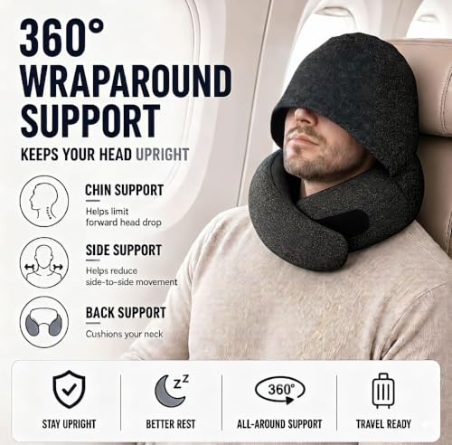 Oreiller de voyage avec capuche, oreiller d'avion en mousse à mémoire de forme amélioré pour dormir, soutien à 360°, oreiller de voyage en forme de U avec cache-yeux caché, accessoires de vol portables pour avion, voiture, bureau (noir) – Image 2