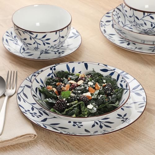 Image of Gibson Home Palace Suite 16-Piece Dinnerware Set, Blue Floral Stoneware Plates & Bowls, Service for 4, Round Durable Everyday Dish Set