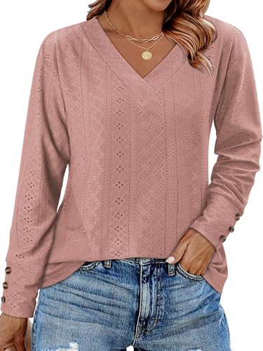 KISSMODA Long Sleeve Fall Shirts For Women V Neck Tunic Tops Embroidered Button Down Knitted Blouses 2025