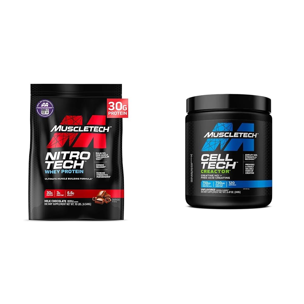 MuscleTech Whey Protein & Creatine Powder Bundle - Nitro-Tech 10lb Muscle Builder with 30g Protein & Cell-Tech Post Workout Muscle Recovery, 120 Servings