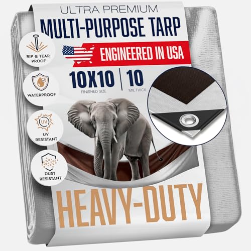 10x10 Heavy Duty Tarp Waterproof 10 Mil Thick High Durability Tear & Fade Resistant UV Treated Grommets Every 18 Inches (10 x 10)