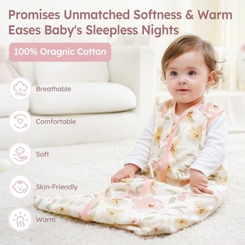 Baby Sleep Sack 12-18 Months 3 Pack 100% Cotton Lightweight 0.5 TOG Wearable Blanket Baby Sleep Bag with 2-Way Zipper for Newborn Infant Pink Flowers & Leaf2