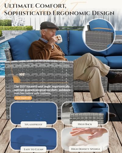 Image of U-MAX 7 Pieces Patio Furniture Set with Waterproof Cover, Outdoor Sectional Sofa Conversation Set, All Weather Wicker Rattan Dining Table & Chair with Ottoman, Grey Rattan&Dark Blue Cushion