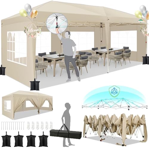 HOTEEL 10x20 Pop Up Canopy with 6 Sidewalls,One-Push Setup Canopy Tent with 8 Windbreak Poles,Waterproof Shade 10x20,Outdoor Canopies for Parties,Weddings,Camping,Patios (Khaki)