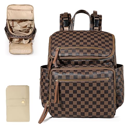 Image of Omanmoli Checkered Diaper Bag Backpack Large Baby Diaper Bag Leather with 17 Diaper Bag Organizing Pouches,Changing Pad,Stroller Straps,4 Insulated Pockets, Coffee