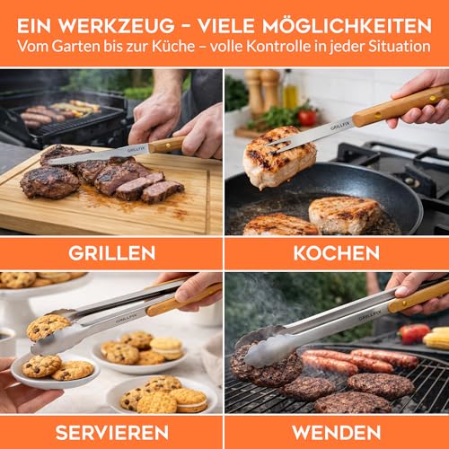 GRILLFIX BBQ Grillbesteck Set 3-teilig – Grillzange Edelstahl 38 cm mit Holzgriff, Grillmesser & Fleischgabel, extra Lange Küchenzange Kochzange für Grill, Küche, Papa Geschenk Vatertag 6