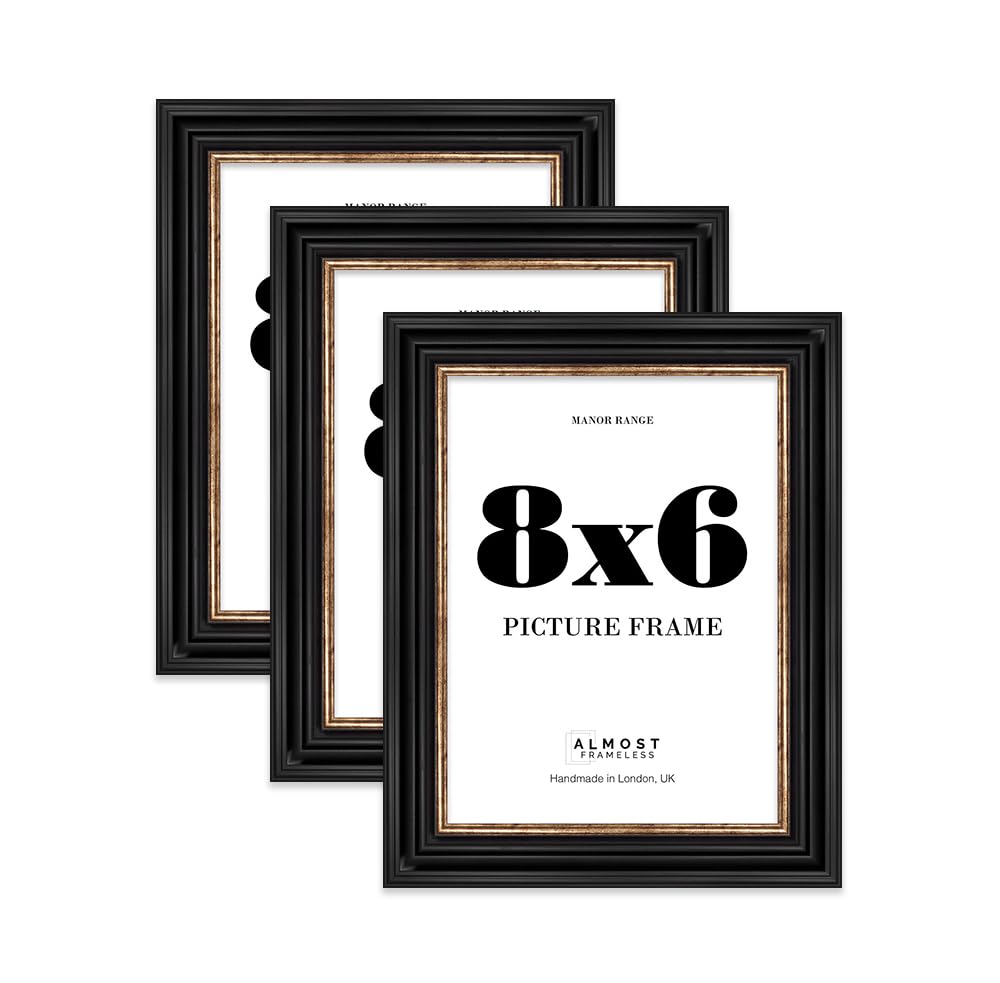 8x6 Picture Frame, Display 8x6 Pictures (20.3 x 15.2cm) - Black & Gold Elegant 42mm Edge Classic Interior Design Décor - 3 Pack