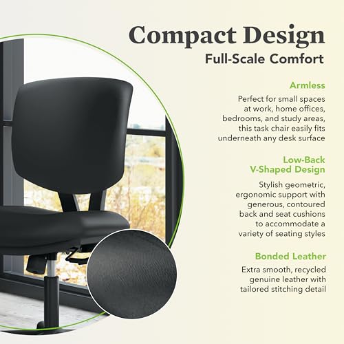 Image of HON Volt Ergonomic Office Chair with Bonded Leather Seat and Back, Armless Desk and Computer Chair with Adjustable Center‑Tilt Recline and Wheels for Home Office or Workstation, Black
