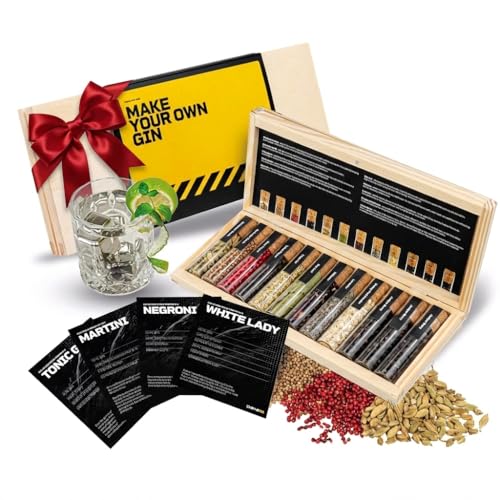 DIBYS Mini Gin Kit de Especias | 12 Botánicos para Gin Tonic y Cócteles | con 4 Tarjetas de Recetas, Léxico y Elegante Caja | Set de Regalo para Hombres y Mujeres | Juego Hacer Ginebra Infusión