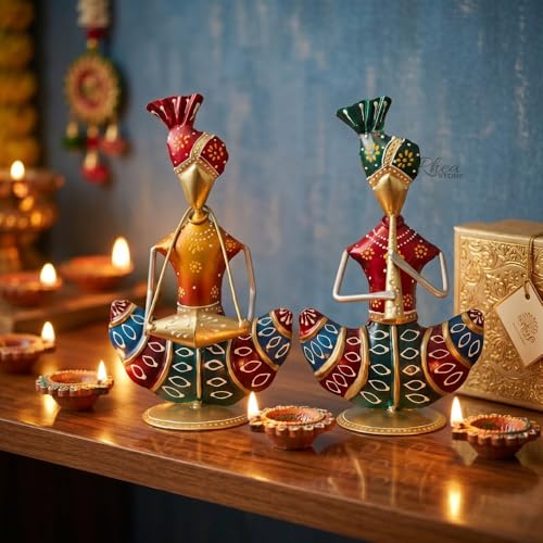 Image of Sitting Sardar Set of 2 Golden Handcrafted Rajasthani Musician Figurines, Traditional Metal Table Decor Showpiece for Office Desk, Corporate Bulk Gifting (2x10x16 cm)