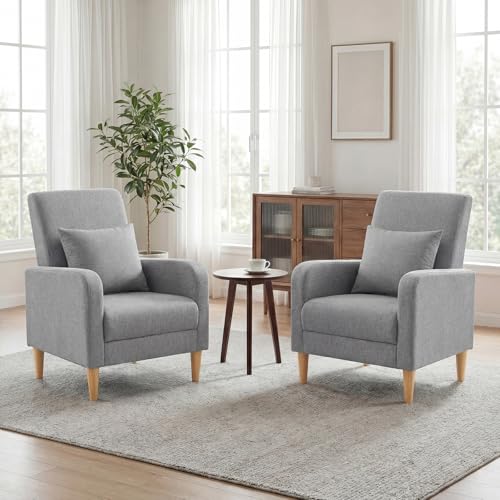 COLAMY Mid-Century Modern Upholstered Accent Chair with Back Pillow & Solid Wood Legs, Fabric Cozy Armchair for Living Room, Bedroom, Reading Nook, Apartment & Small Spaces, Lightgrey