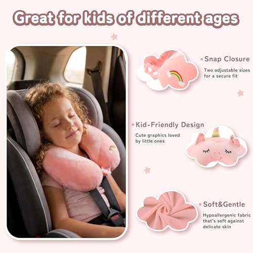 Image of Kids Travel Neck Pillow for Ages 3-8, Memory Foam, Removable Cover, Unicorn | Machine washable, 13 in neck size, hidden zipper, 360-degree head and chin support, car seat and airplane use