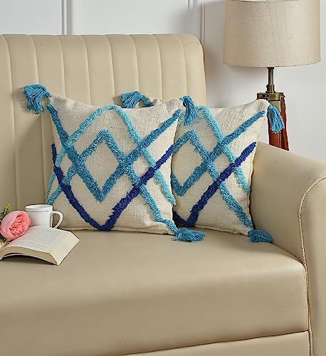 Image of TIB Premium Boho Decorative Throw Cushion Covers, 16 x 16 cm, Set of 2, Cotton. (Blue Lines)-230 TC