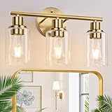 3-Light Gold Bathroom Light Fixtures, Modern Bathroom Vanity Light with Clear Glass Shade, Brushed Gold Bath Wall Mount Lights, Wall Lamp for Mirror Kitchen Bedroom Hallway Living Room Hallway