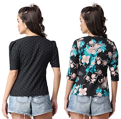Image of POPWINGS Casual Floral Printed Round-Neck Puff-Sleeves Tops Combo for Women
