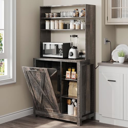 DWVO Bakers Rack Microwave Stand Cabinet with Trash Can Bin Cabinet and Power Outlet, 6-Tiers...