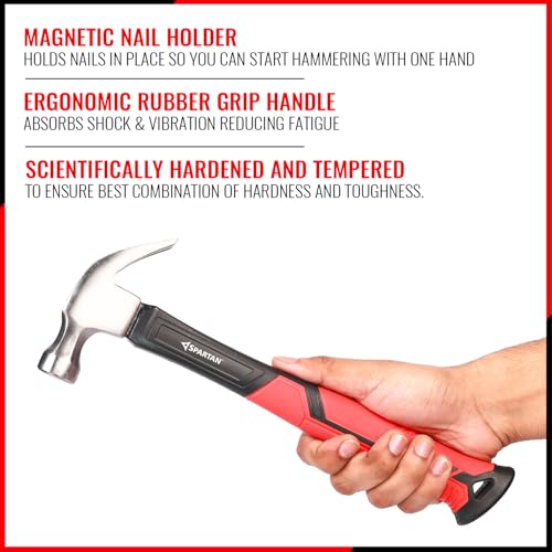 Image of Spartan 8 oz Hammer | 2 in 1 Flat Face & Nail Puller with Magnetic Nail Holder | Forged Steel Head for Strength & Durability | Fibreglass Anti-Slip Handle for Carpentry, Home & DIY Use