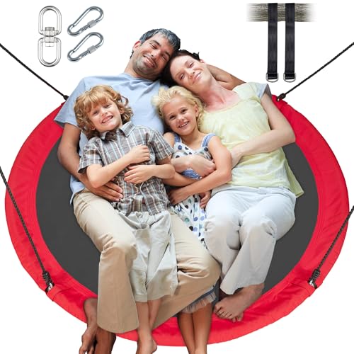 LittleLogiQ Saucer Tree Swing for Adults & Kids, 60-Inch Large Round Swings for Outdoor & Indoor, Heavy-Duty Circle Swing w/ 700lbs Capacity, 360° Rotation, 900D Oxford, 2pcs Hanging Straps - Red