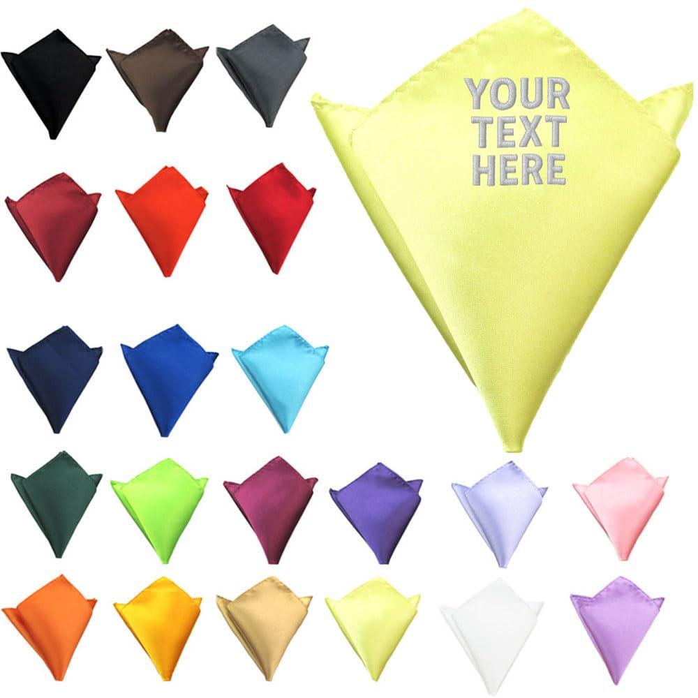Van Der Linn Unisex Yellow Personalised Embroidered Pocket Handkerchief Square Satin Wedding Formal Groom (Yellow)