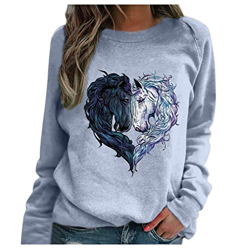 Pullover Damen Langarm Herz Tier Gedruckt Oberteile Frühling Herbst Valentinstag Sweatshirt(c-Hellblau,S)