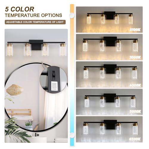 Image of 4-Light Black Bathroom Light Fixture, Dimmable 5CCT Black and Gold Bathroom Vanity Lights, 2700K-6500K Modern Crystal Bubble LED Wall Sconce Over Mirror with Clear Glass