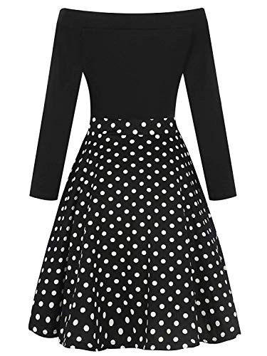 oxiuly Women's Vintage Polka Dot Slash Neck Long Sleeve Casual Pockets Swing Dress OX232 (M, Black dot 9)