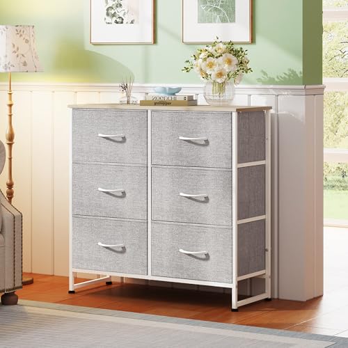 Image of WLIVE Fabric Dresser for Bedroom, 6 Drawer Double Dresser, Storage Tower with Fabric Bins, Chest of Drawers for Closet, Living Room, Hallway, Light Grey