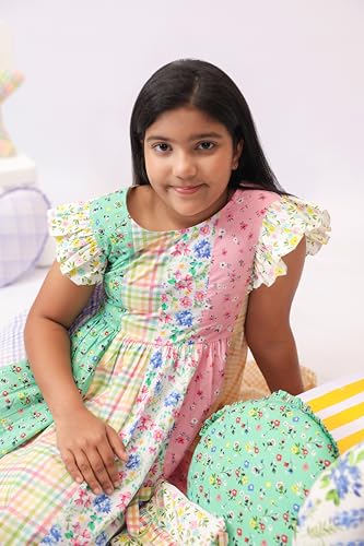 Image of Kids Girls Printed Embroidered Fusion Dress | Handmade Crafted Designer Ethnic Wear | 100% Cotton