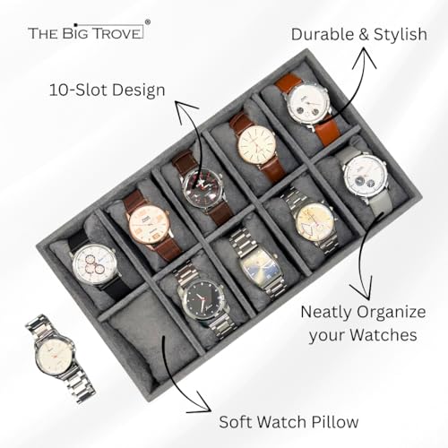Image of 10 Slot Watch Organizer Tray for Watches, Grey | Tray keeps watches, smartwatches, bracelets and accessories arranged neatly in wardrobe, closet, dresser or dressing table