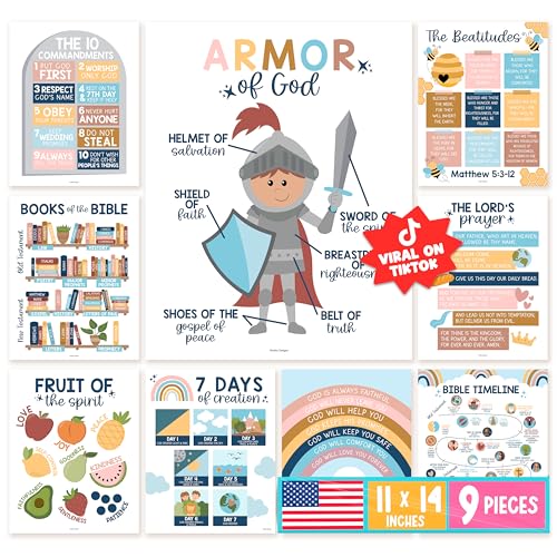 Image of Hadley Designs Sunday School Decorations for Classroom – 9 Bible Posters for Kids, 11x14in Books of the Bible Poster, 10 Commandments, Fruits of the Spirit & More – Boho Christian Classroom Decor