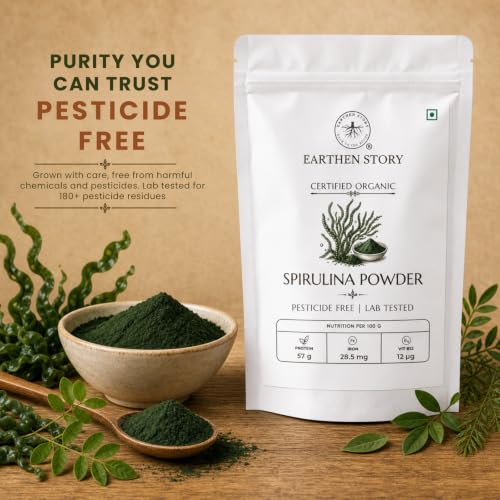 Image of Earthen Story Organic Spirulina Powder, 100g | Lab Tested for 250+ Pesticides | Plant Based Superfood