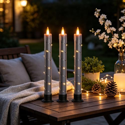 Image of 3 Pack Gray Dripping Wax Flameless Candles, Realistic Dynamic Flame LED Taper Candles with Surrounding Fairy String Lights, Remote Control Battery Operated Candles for Home Wedding Holiday Decor