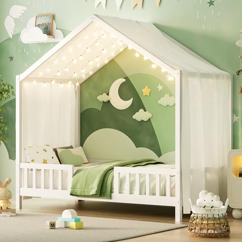Image of Twin Size Wood House-Shape Platform Bed with Roof Frame and Canopy, Montessori Floor Bed with High Railings and Slat Support for Kids Girls Boys, No Box Spring Needed (White-05, Twin)