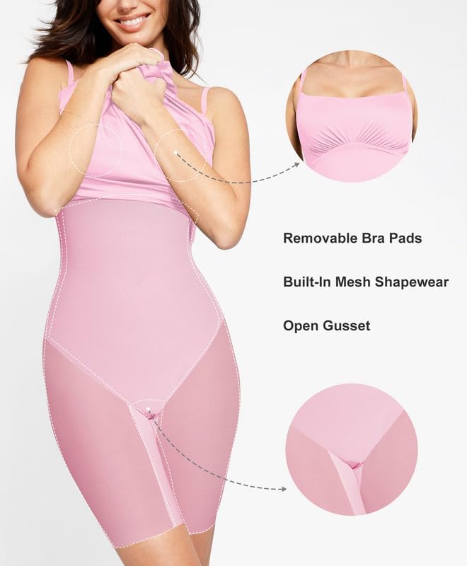 Popilush Shapewear Dress Built in Bra Adjustable Straps Square Neck Summer Formal A-Line Slip Midi Dresses for Women - Image 3