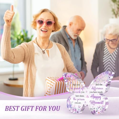 Image of Gifzy Unique Retirement Gift for Woman Men, 5x5x0.5 Inch Purple Butterfly Acrylic Plaque Decor with Warm Words, Best Retirement Gifts for Coworker Teacher Friend Nurse Boss