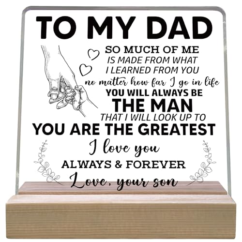 Thank You Gifts for Dad from Son Fathers Day Thanksgiving Birthday Gifts for Dad Daddy To My Dad Acrylic Plaque with Wood Base Home Office Keepsake Presents for Dad 4x4 Inch-B06