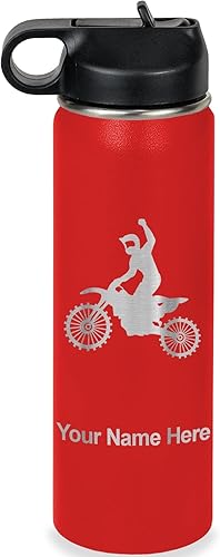 Vista 130 de LaserGram Botella de agua personalizada, motocross, acero inoxidable de doble pared aislada al vacío con popote superior, regalo grabado Verde