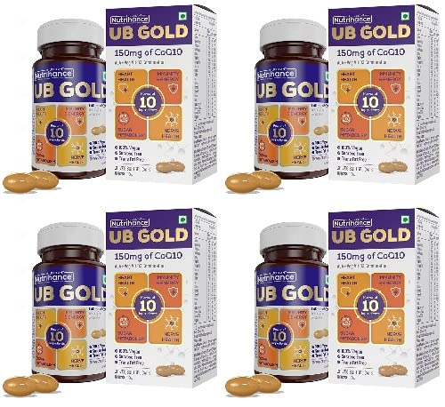 Jubilant Nutrihance Ub Gold Coenzyme Q10 (Coq10) 150Mg Supplement 100% Vegan Softgel | Ala Resveratrol Vit B12 Vit D3| Boost Immunity |Support Heart Health (30 Veg Softgels) X Pack Of 4
