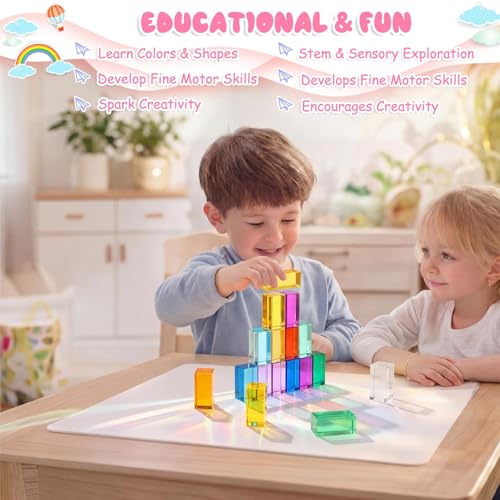 Image of Meooeck 16 Pcs Rainbow Rectangular Acrylic Blocks, Translucent Colored Gem Blocks Building Stacking Sensory Train Prims Toys for Toddler Kids Montessori School Classroom Supplies