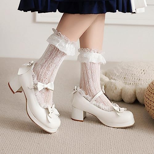 Cute Kawaii Shoes Ankle Strap Mary Jane Platform Chunky Mid Heel Bowknot Pumps Round Closed Toe Lace Strappy Goth Dress Shoes Women4