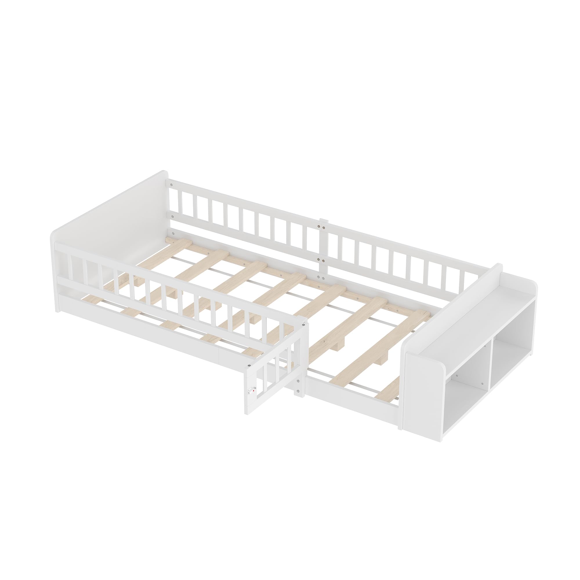 Kinderbett 90 x 200, Kinderbettgestell aus Massivholz mit Stauraum, Vollschutzgitter und Türen und Lattenrost, Holzbett mit Einlegeböden, Rausfallschutz, Kinder Bett, Hausbett, Ohne Matratze, Weiß