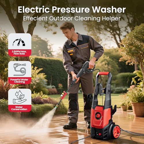 Electric Pressure Washer, 2.5 GPM Power Washer with Foam Cannon, Electric High Pressure Washer with 4 Quick Connect Nozzles for Cars, Driveways, Fences, Patios, Home Cleaning thumbnail 2