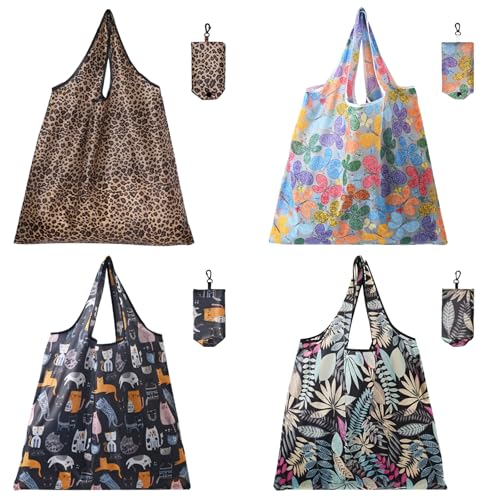 JSTHHTT 4 Piezas Bolsa Compra Plegable 58x38cm, Bolsa Plegable Reutilizable, Ligero Bolsas de Supermercado, Bolsa Tote Bag, para Compras Colegio Trabajar Viajar