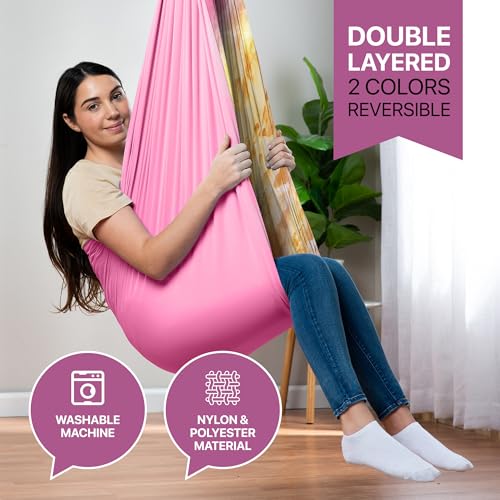 Image of Indoor Sensory Swing for Kids or Outdoor - Holds 300lbs, Double-Layer, & 360 Swivel, Calming Compression Therapy Swing Hammock for Kids & Adults with All Hardware - Sensory-Motor Toys & Gifts